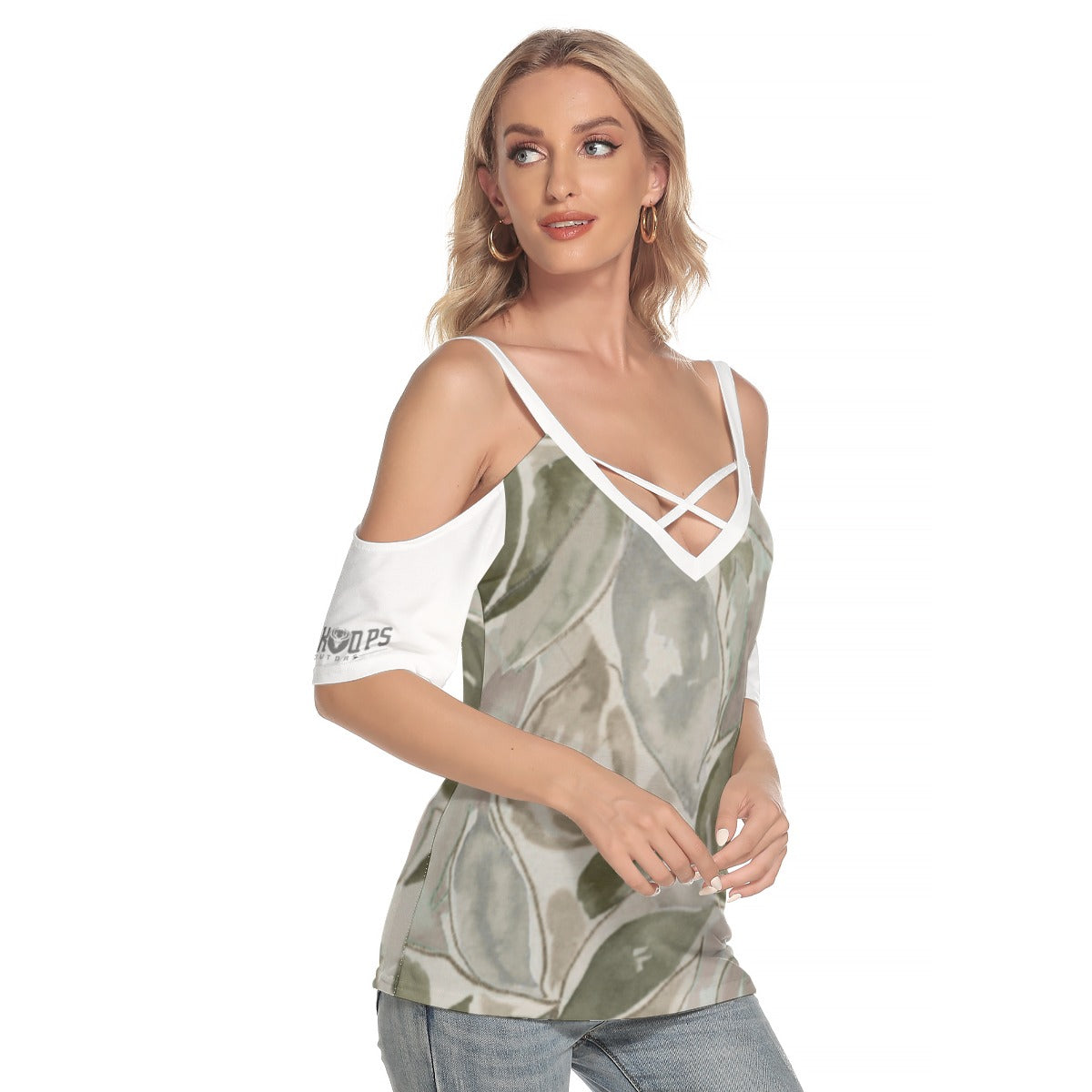 LEAF CAMO Women's Cold Shoulder T-shirt With Criss Cross Strips
