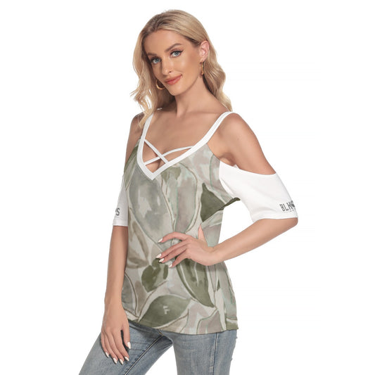 LEAF CAMO Women's Cold Shoulder T-shirt With Criss Cross Strips