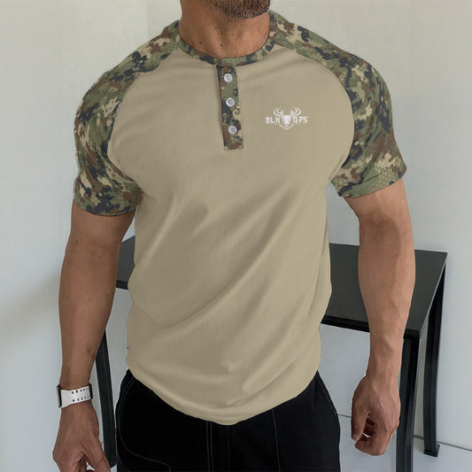 GREEN CAMO T-shirt With Button Closure
