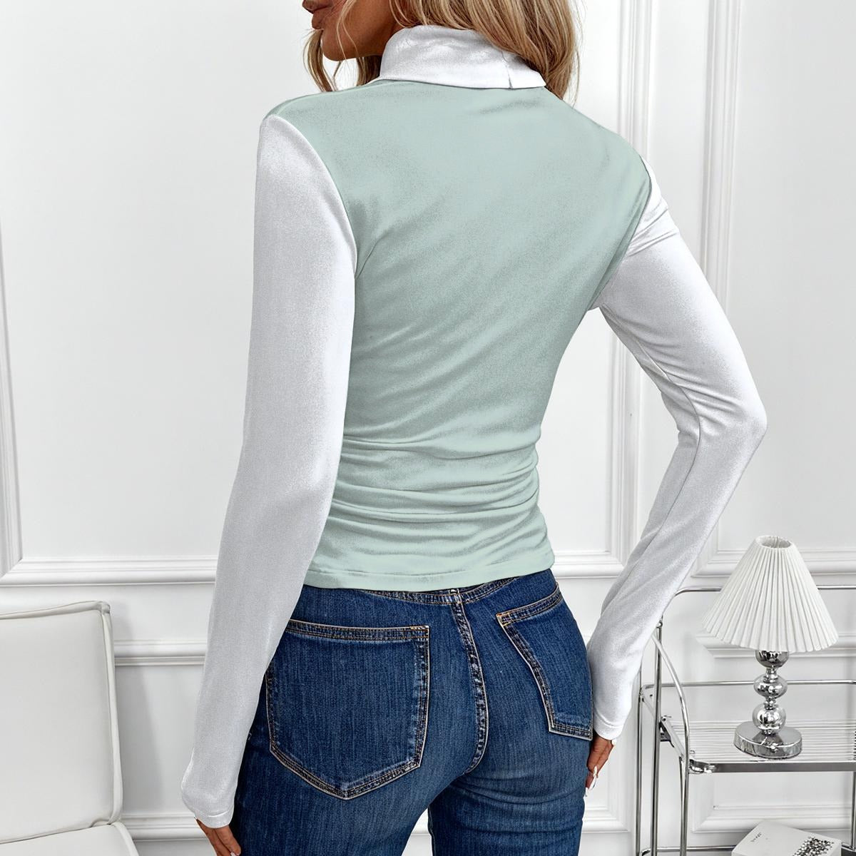 Teal Women's High-Neck Top With Long Sleeve