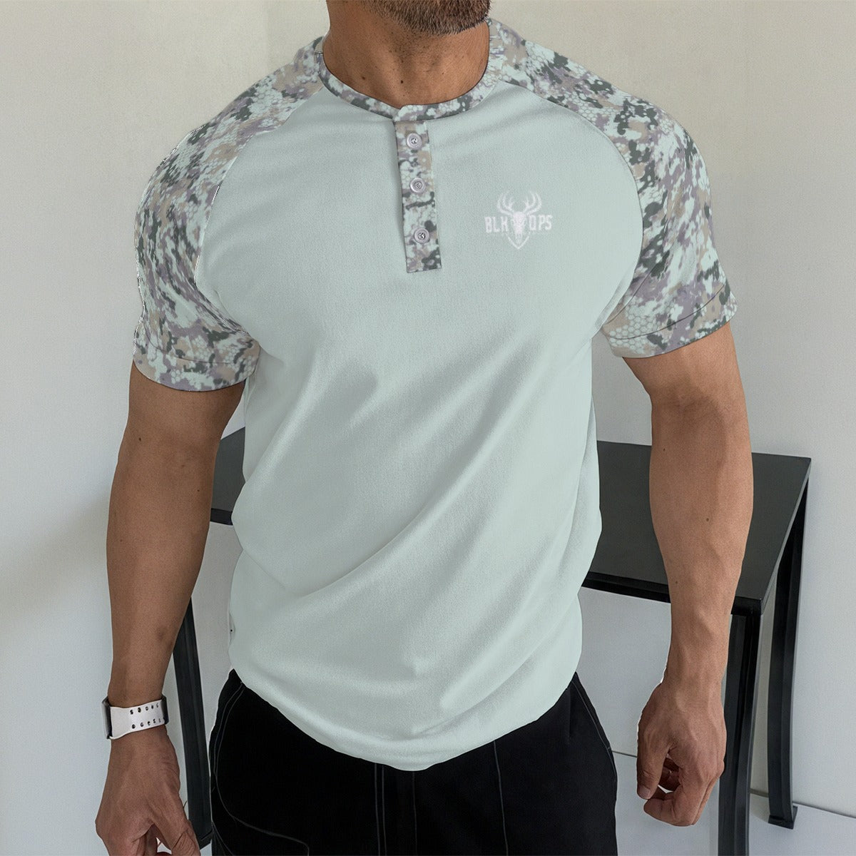 Teal camo T-shirt With Button Closure
