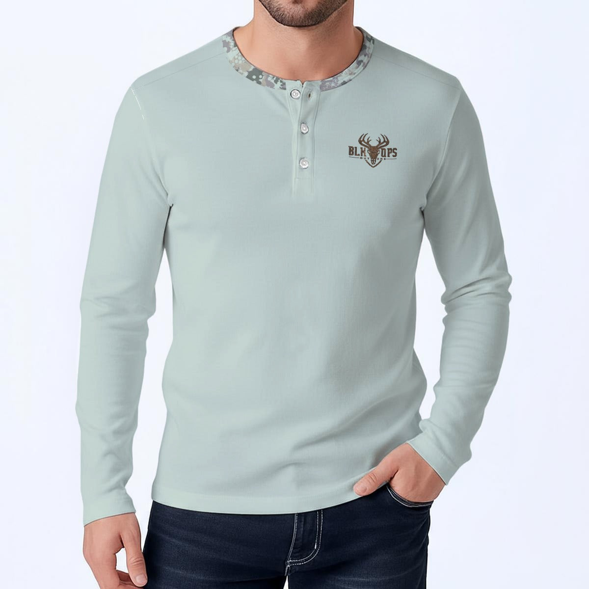 Teal camo collar Men's Classic Long-Sleeve Henley Shirt